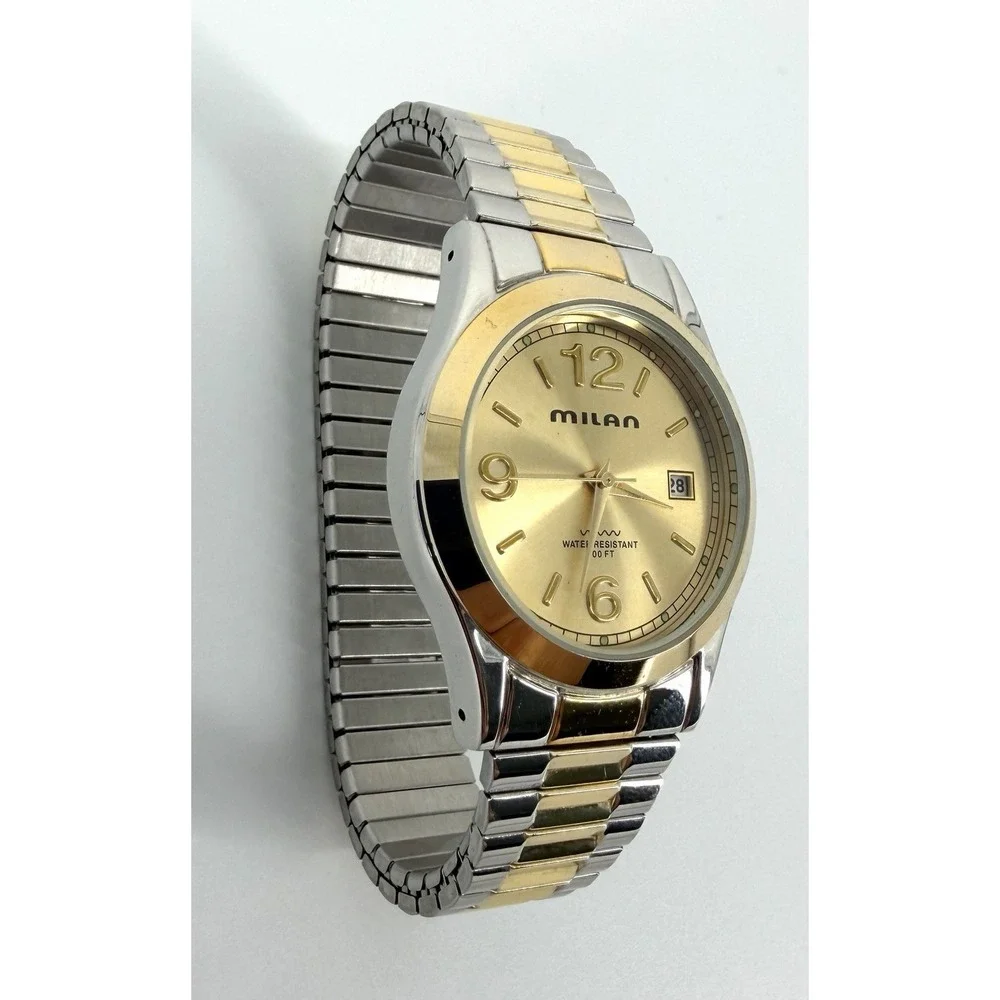 Milan Men's Quartz Watch Gold Dial Two Tone Stretch Band Not Running AS IS